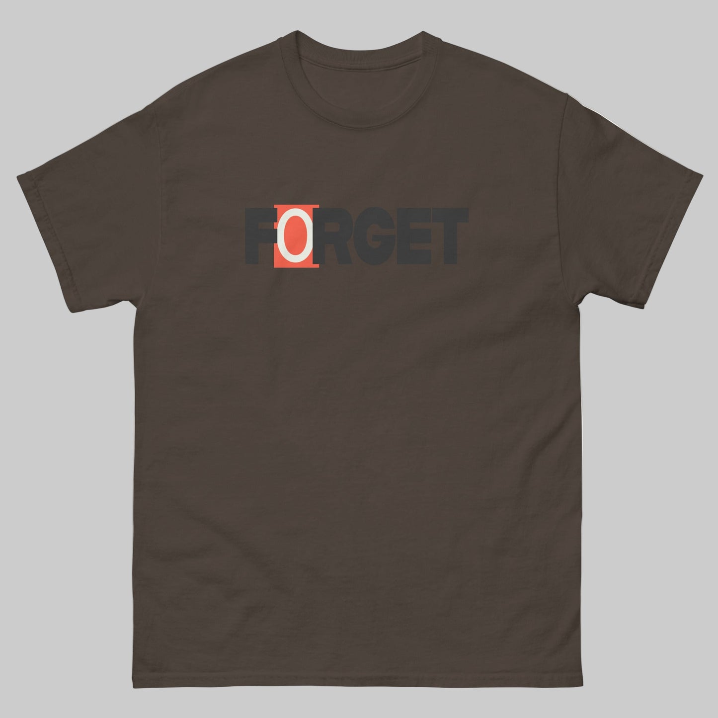 TrapCrackshots FORGET T-shirt brown– clay shooting shirt for men and women. Encourages shooters to forget misses and focus on the next target, emphasizing progress and mindset.