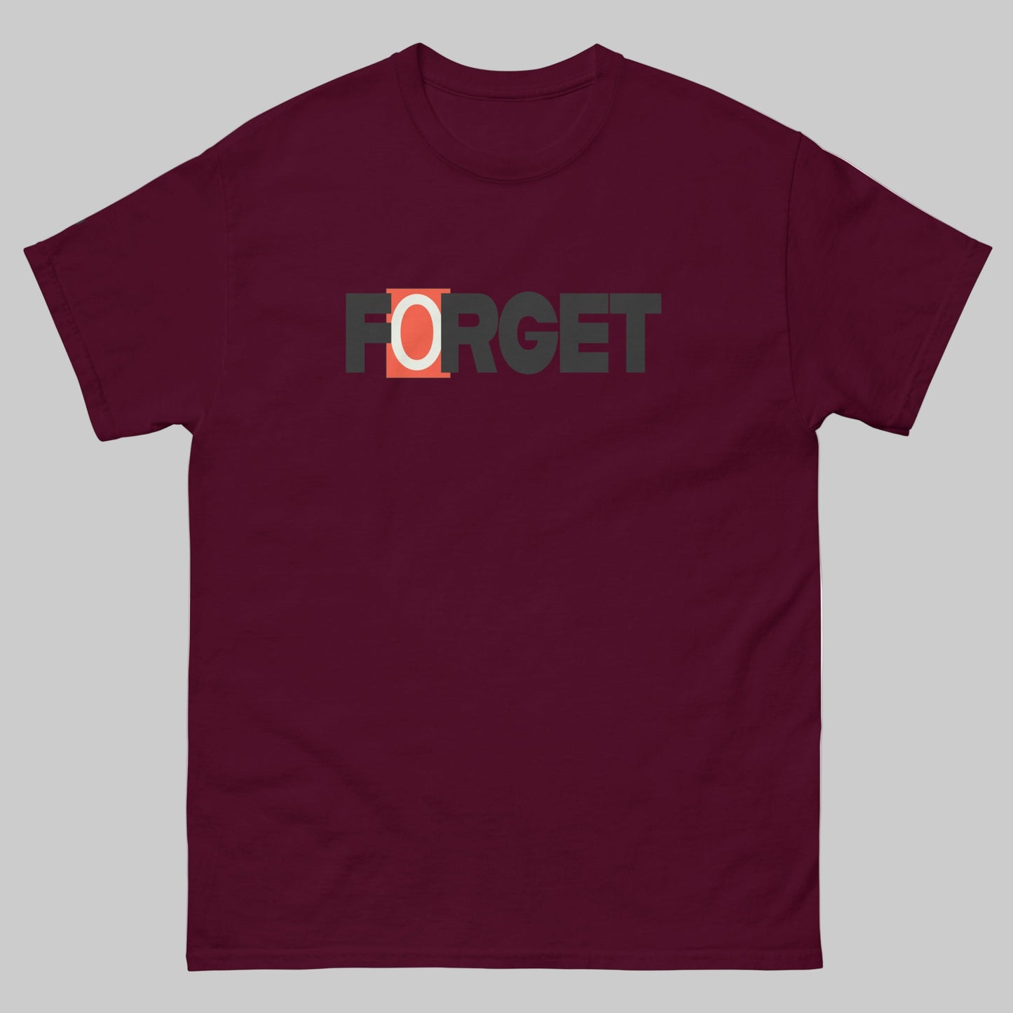 TrapCrackshots FORGET T-shirt Maroon – clay shooting shirt for men and women. Encourages shooters to forget misses and focus on the next target, emphasizing progress and mindset.