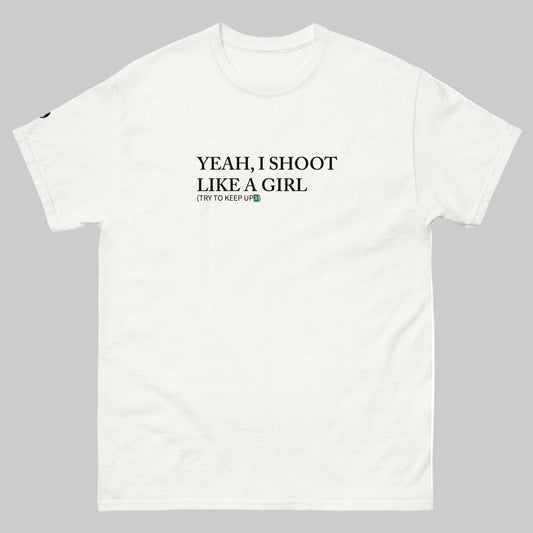 TrapCrackshots Shoot Like a Girl T-shirt – clay shooting shirt for women. Empowering design symbolizing precision, confidence, and breaking limits in shooting sports.