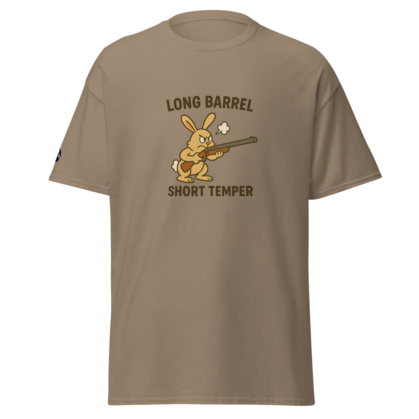 TrapCrackshots Long Barrel Short Temper unisex T-shirt Brown Savana – clay shooting shirt for men and women. Symbolizes passion, frustration, and determination on the shooting range.