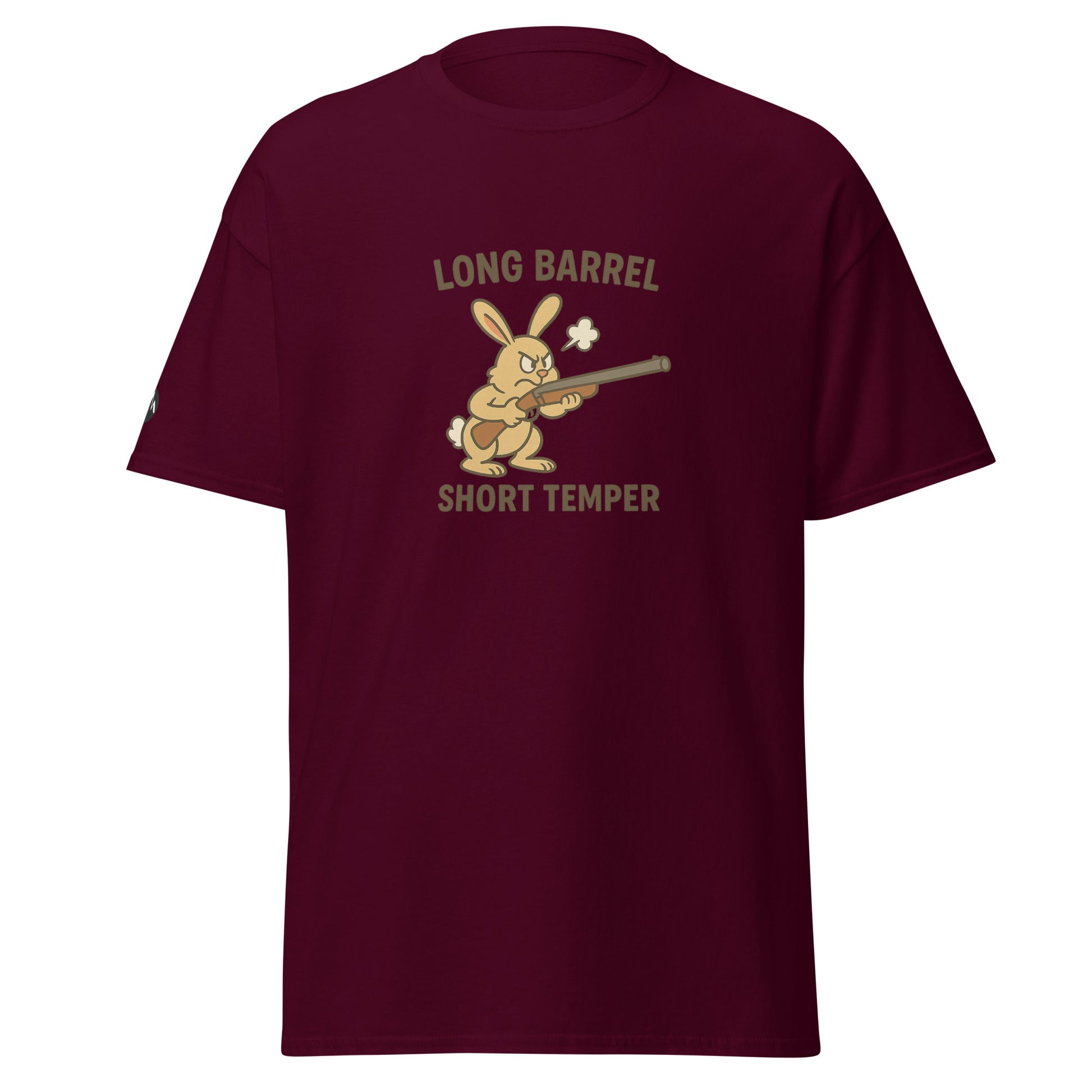 TrapCrackshots Long Barrel Short Temper Unisex T-shirt Maroon – clay shooting shirt for men and women. Symbolizes passion, frustration, and determination on the shooting range.