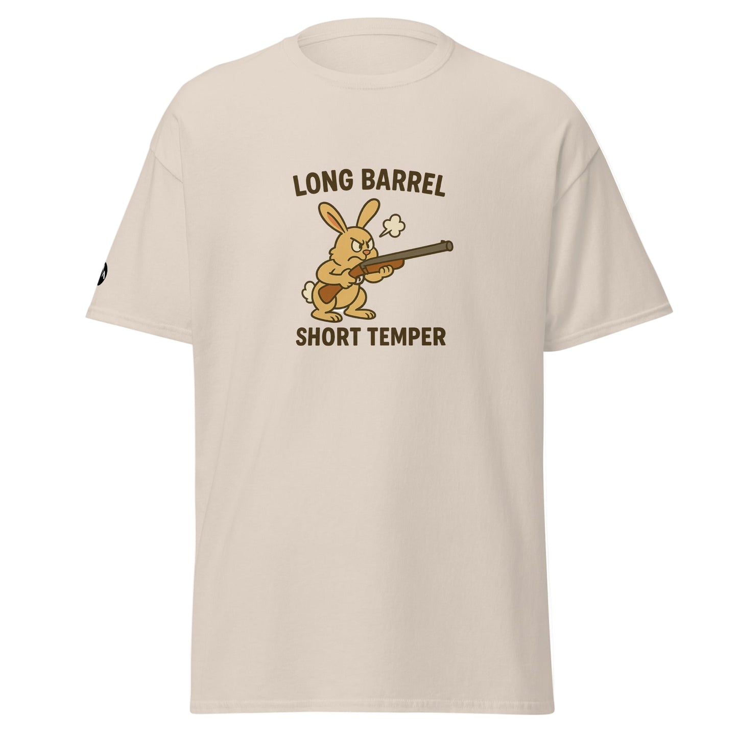 TrapCrackshots Long Barrel Short Temper T-shirt Natural – clay shooting shirt for men and women. Symbolizes passion, frustration, and determination on the shooting range.