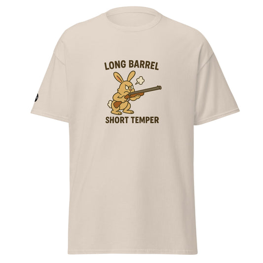 TrapCrackshots Long Barrel Short Temper T-shirt Natural – clay shooting shirt for men and women. Symbolizes passion, frustration, and determination on the shooting range.