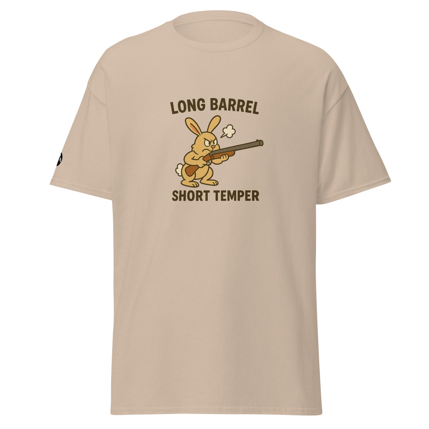 TrapCrackshots Long Barrel Short Temper Unisex T-shirt Sand – clay shooting shirt for men and women. Symbolizes passion, frustration, and determination on the shooting range.