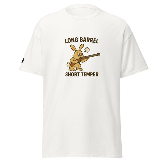 TrapCrackshots Long Barrel Short Temper T-shirt white – clay shooting shirt for men and women. Symbolizes passion, frustration, and determination on the shooting range.