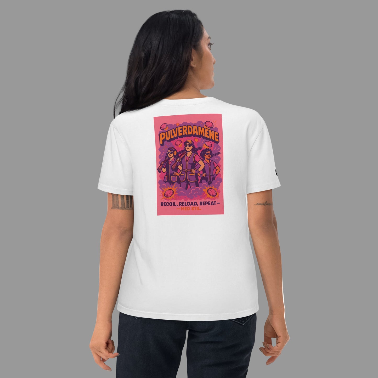 Pulverdamene The Original Trapshooting White Tee for Girls - Recoil, Reload, Repeat