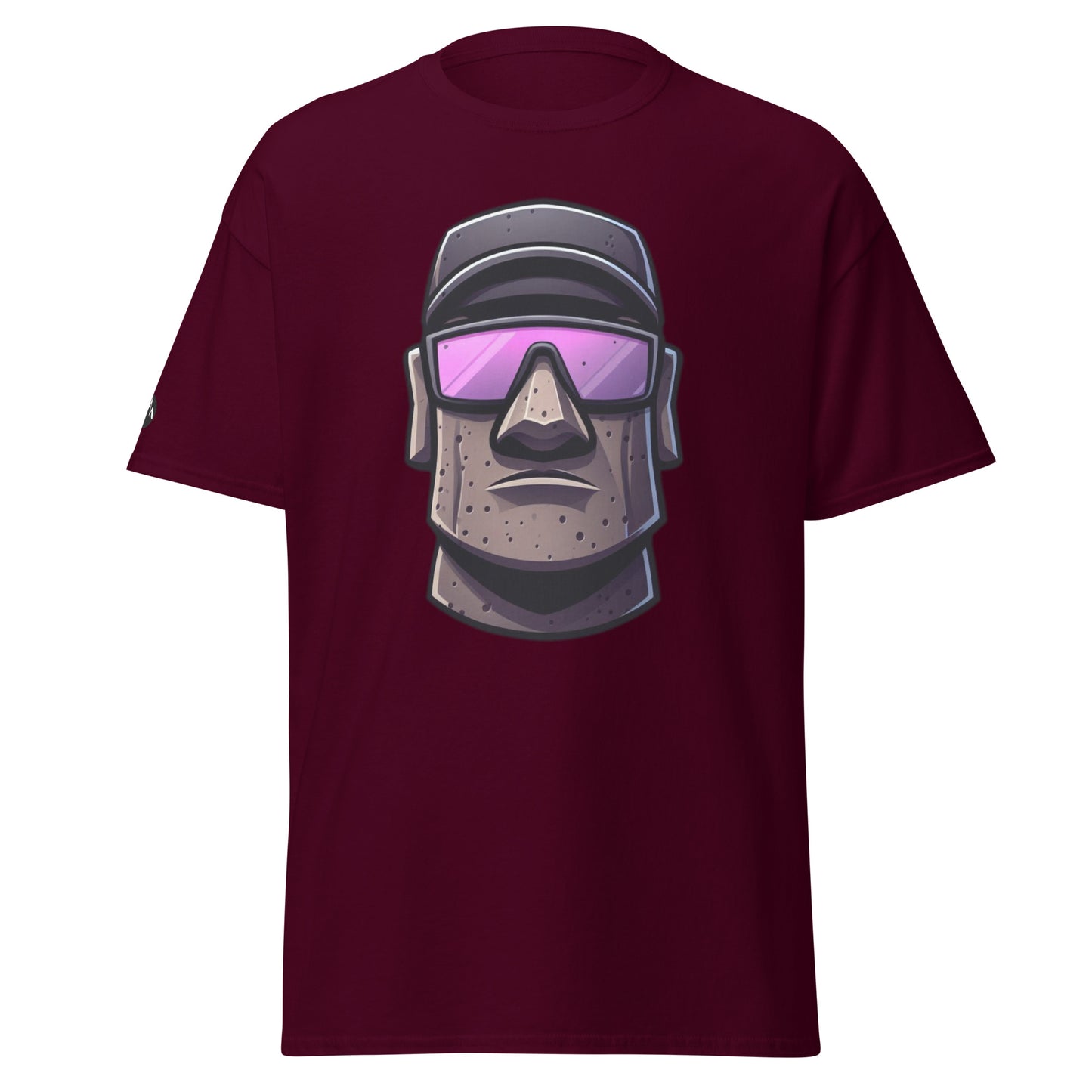 TrapCrackshots Stone Head unisex T-shirt Maroon– clay shooting shirt for men and women. Inspired by dark purple shooting glasses and a stone-cold focus mindset.