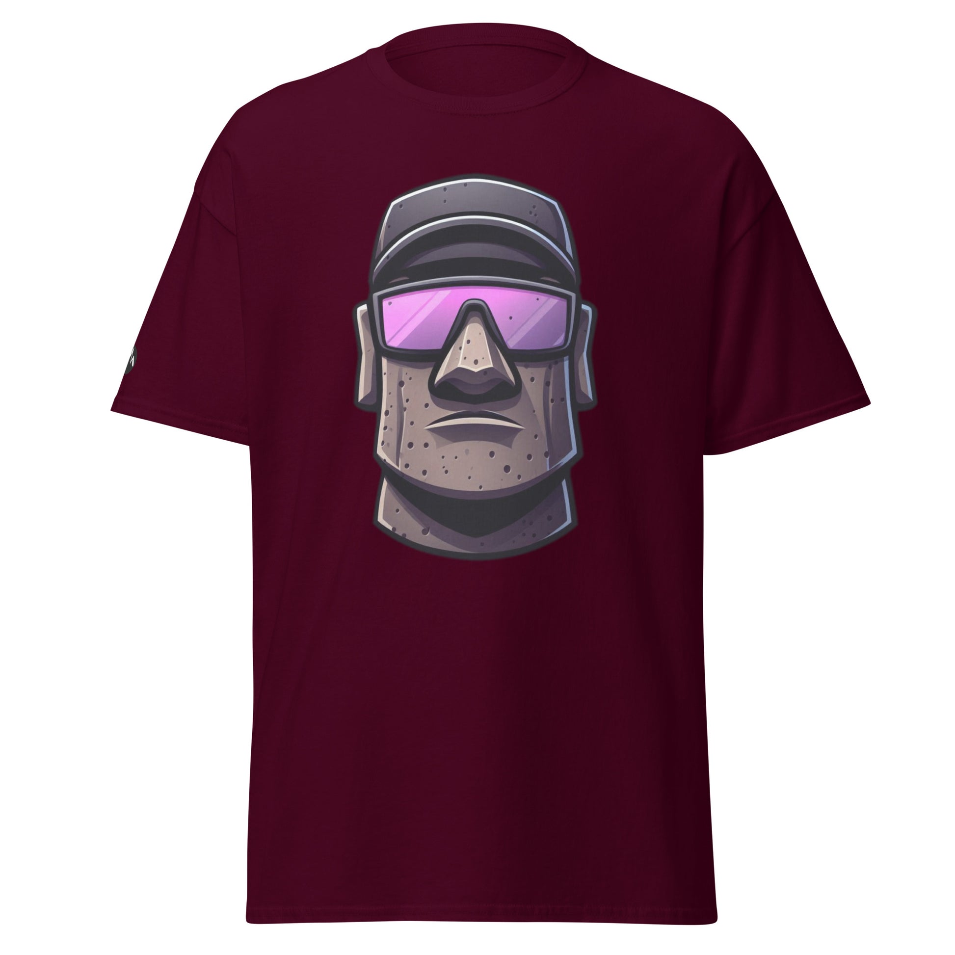 TrapCrackshots Stone Head unisex T-shirt Maroon– clay shooting shirt for men and women. Inspired by dark purple shooting glasses and a stone-cold focus mindset.