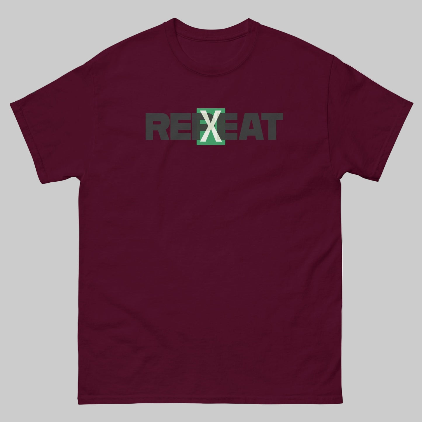 TrapCrackshots REPEAT T-shirt Maroon– clay shooting shirt for men and women. Symbolizes practice, repetition, and the pursuit of 100/100 hits and mastery.