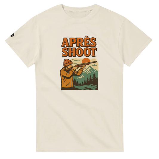TrapCrackshots Après Shoot T-shirt Natural – clay shooting shirt for men and women. Celebrates post-shoot camaraderie, stories by the fire, and the social side of the sport.