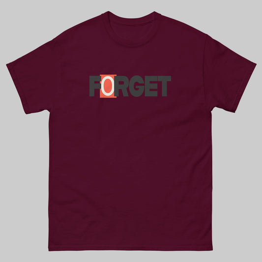 TrapCrackshots FORGET T-shirt Maroon – clay shooting shirt for men and women. Encourages shooters to forget misses and focus on the next target, emphasizing progress and mindset.