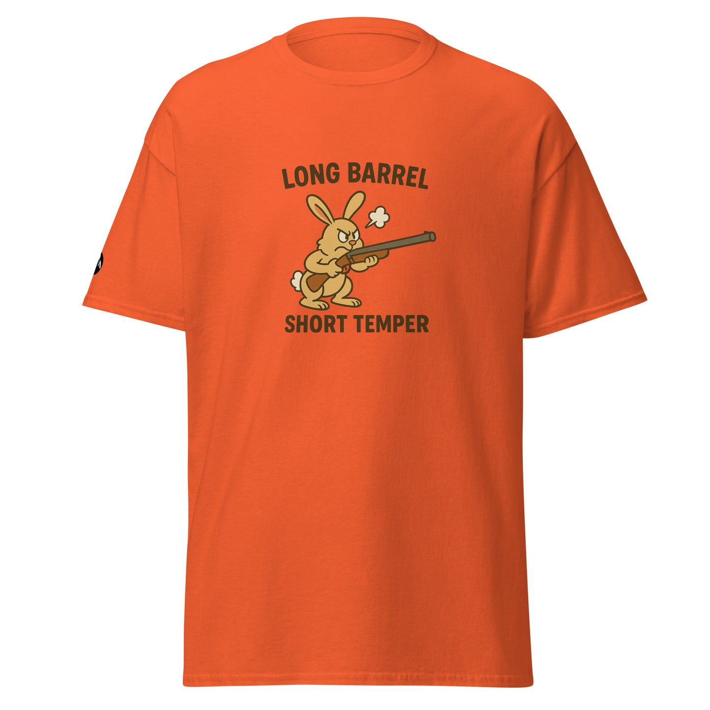 TrapCrackshots Long Barrel Short Temper Unisex T-shirt Orange – clay shooting shirt for men and women. Symbolizes passion, frustration, and determination on the shooting range.
