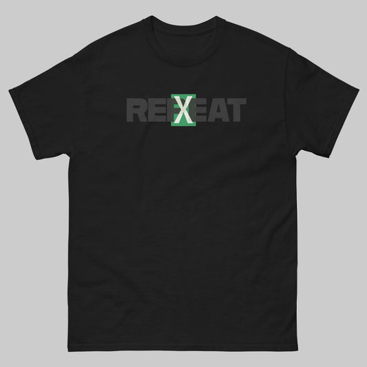 TrapCrackshots REPEAT T-shirt black– clay shooting shirt for men and women. Symbolizes practice, repetition, and the pursuit of 100/100 hits and mastery.