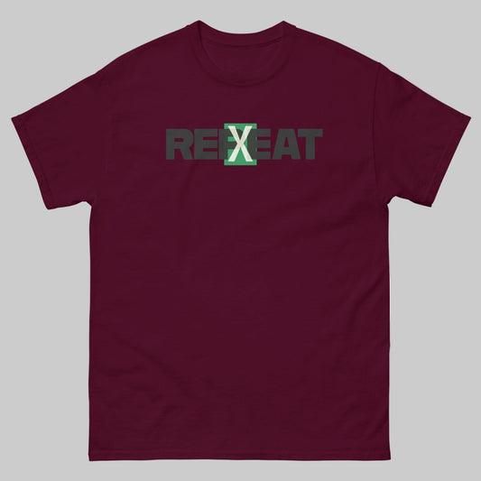 TrapCrackshots REPEAT T-shirt Maroon– clay shooting shirt for men and women. Symbolizes practice, repetition, and the pursuit of 100/100 hits and mastery.